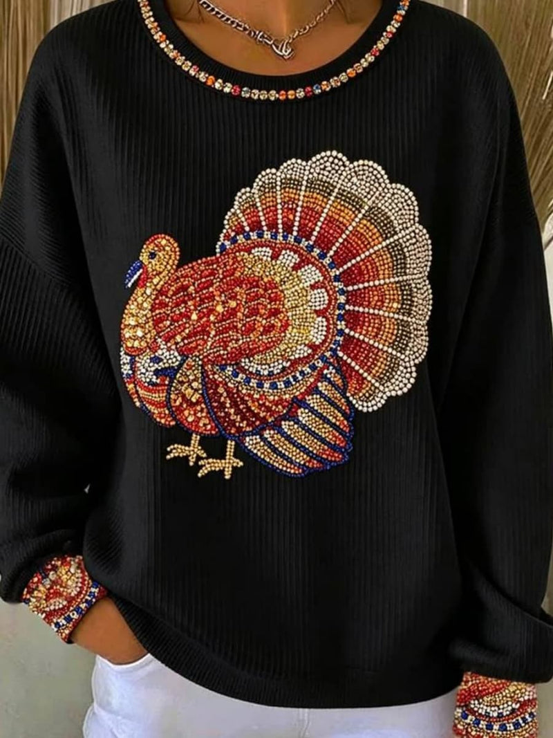 Women's Thanksgiving Black Turkey Print Round Neck Long Sleeve Sweatshirt