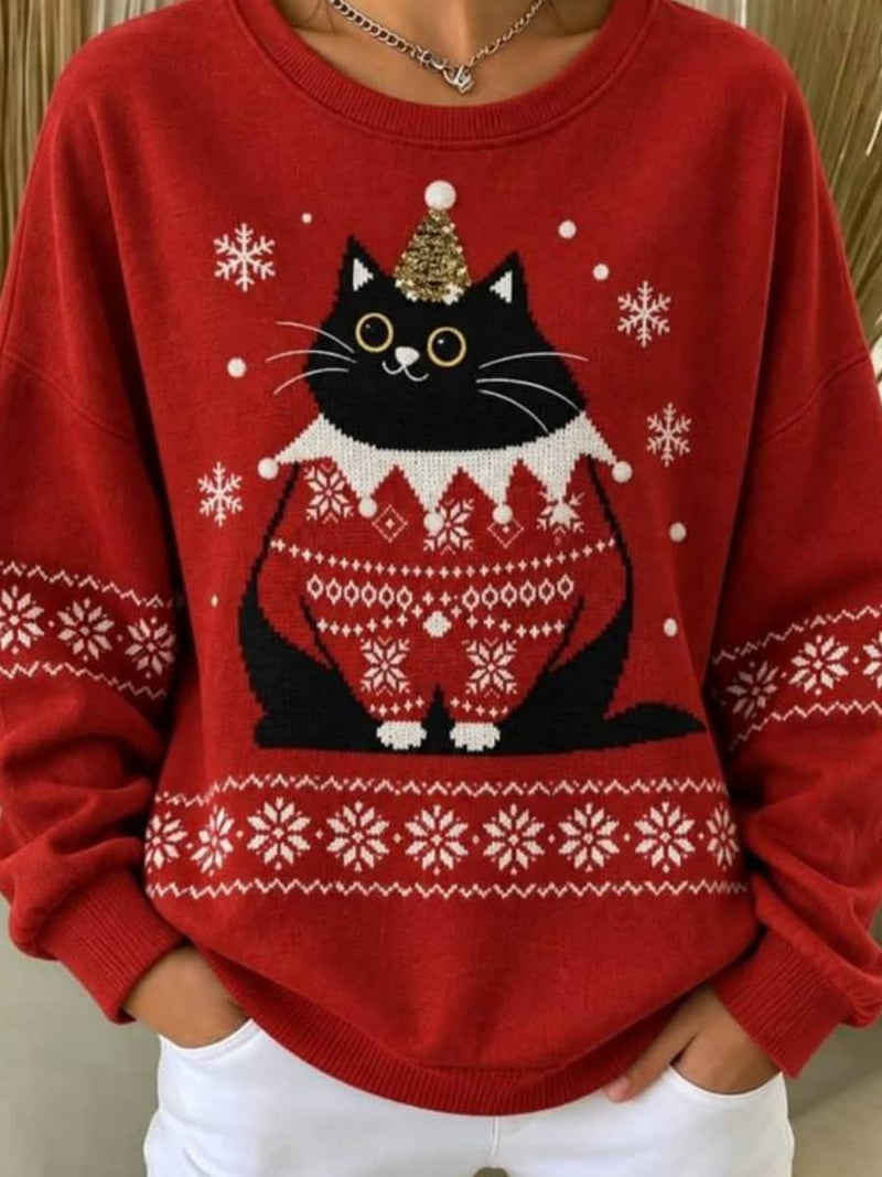 Women's Red Cat Snowflake Print Round Neck Long Sleeve Sweatshirt