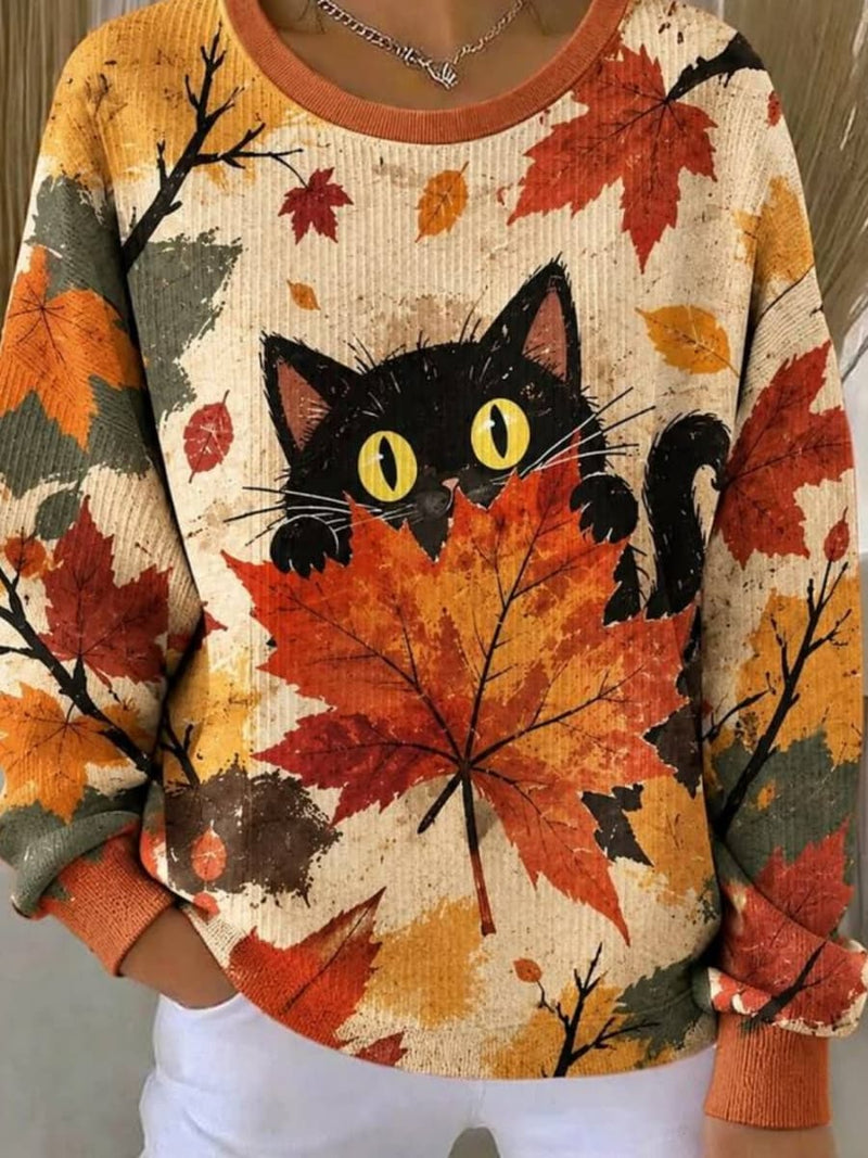 Women's Orange Leaf Cat Print Round Neck Long Sleeve Sweatshirt