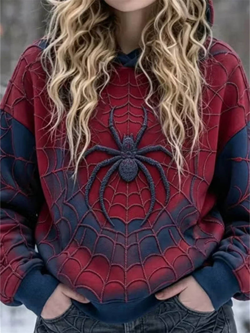 Women's Halloween Red Blue Spider Web Print Hooded Long Sleeve Hoodie