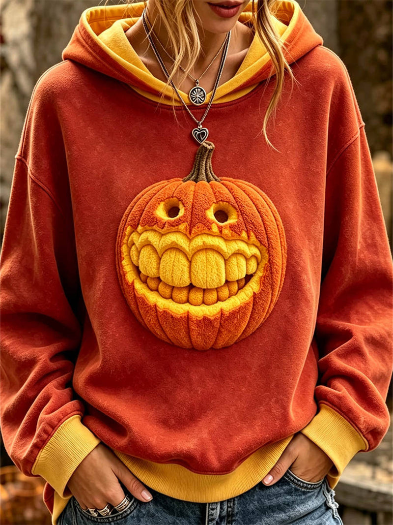 Women's Halloween Orange Pumpkin Print Hooded Long Sleeve Hoodie