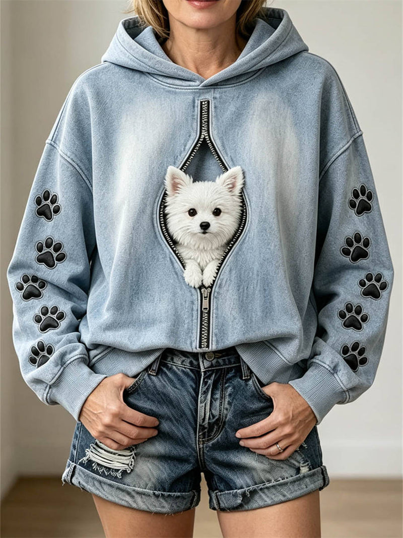 Women's Blue Dog Print Hooded Long Sleeve Hoodie