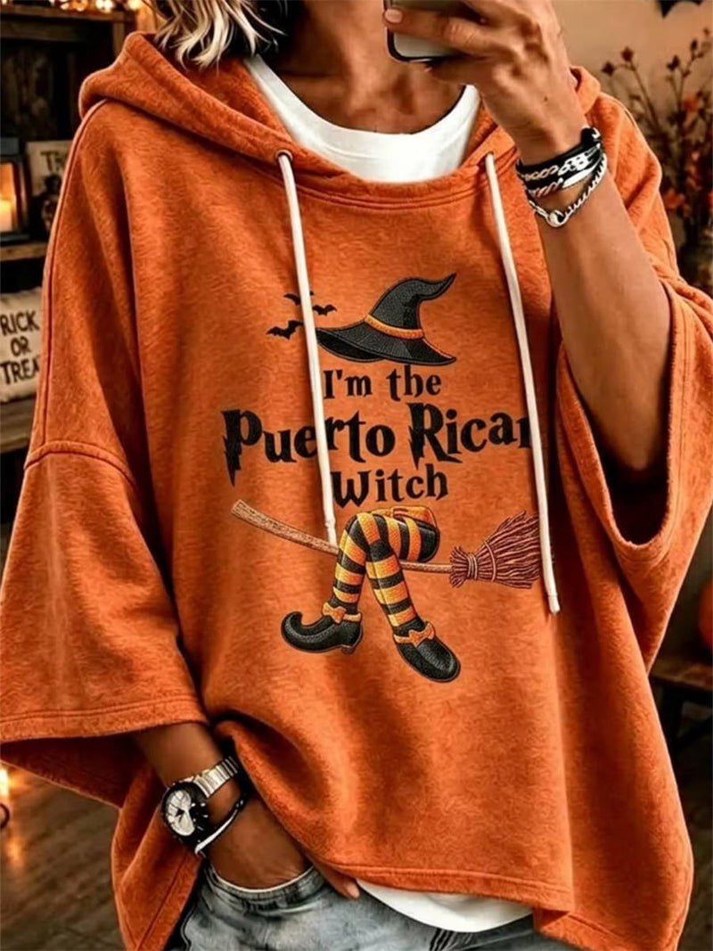 Women's Halloween Orange Witch Broom Print Hooded Short Sleeve Hoodie