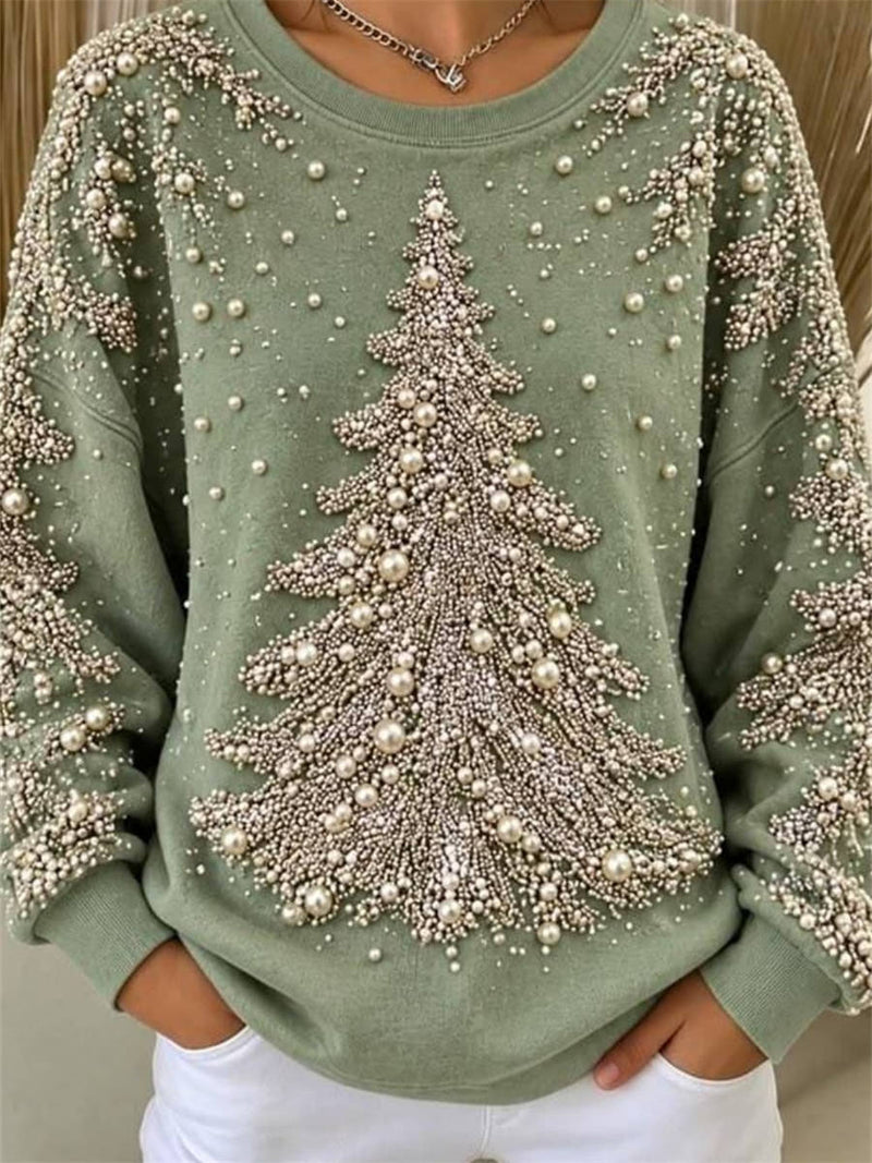 Women's Christmas Green Pearl Christmas Tree Print Round Neck Long Sleeve Sweatshirt