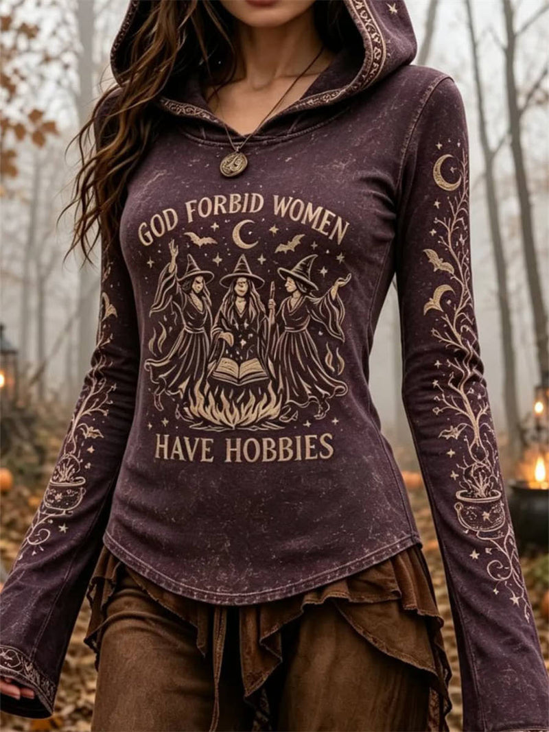 Women's Halloween Purple Witch Print Hooded Long Sleeve Sweatshirt