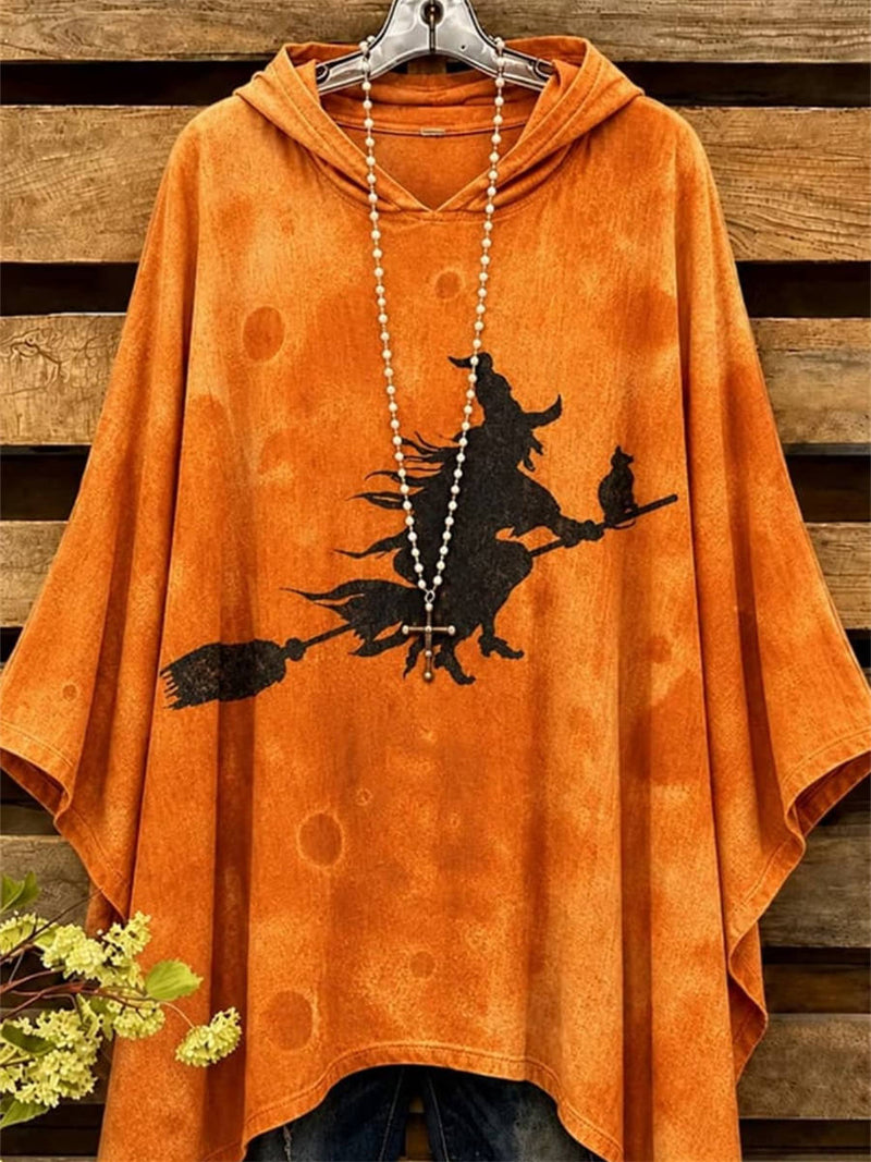 Women's Halloween Orange Witch Broom Print Hooded Short Sleeve Hoodie