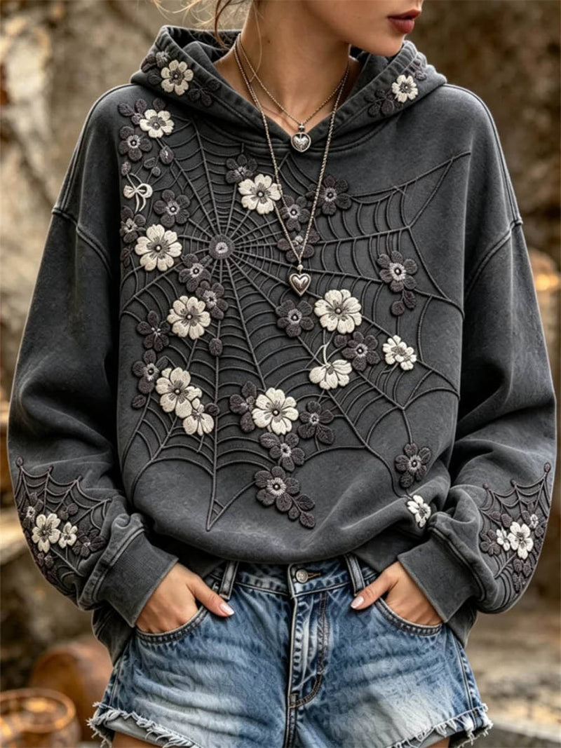 Women's Halloween Grey Floral Spider Web Print Hooded Long Sleeve Hoodie