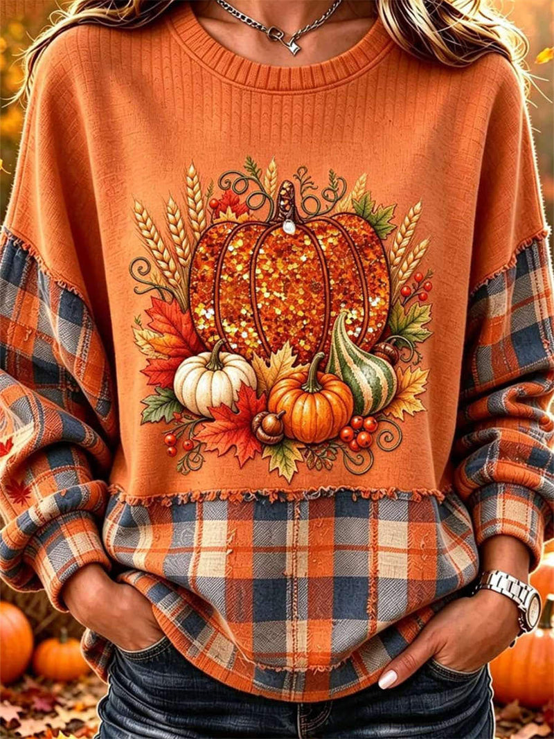 Women's Halloween Orange Plaid Pumpkin Print Round Neck Long Sleeve Sweatshirt
