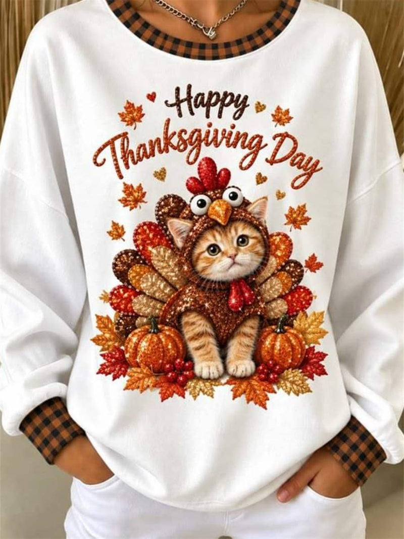 Women's Thanksgiving White Cat Turkey Print Round Neck Long Sleeve Sweatshirt