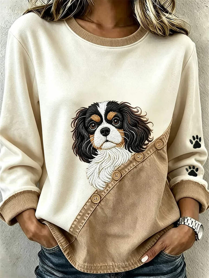 Women's Beige Dog Print Round Neck Long Sleeve Sweatshirt