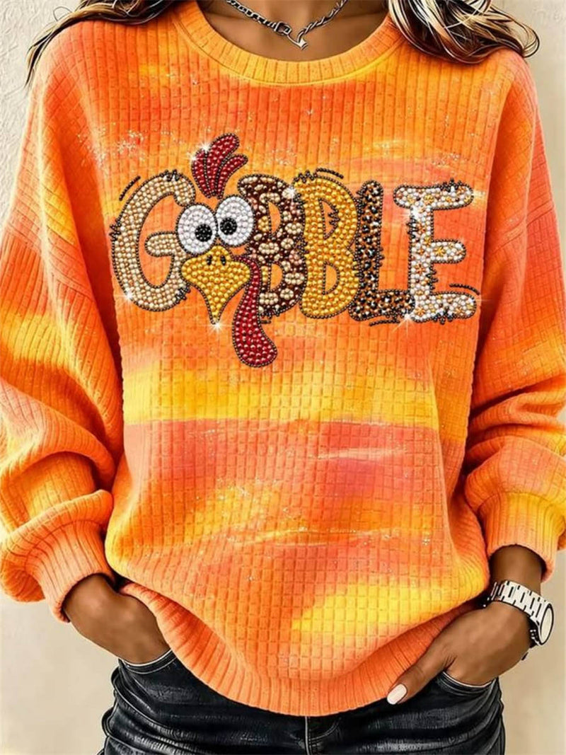 Women's Thanksgiving Orange Turkey Print Round Neck Long Sleeve Sweatshirt