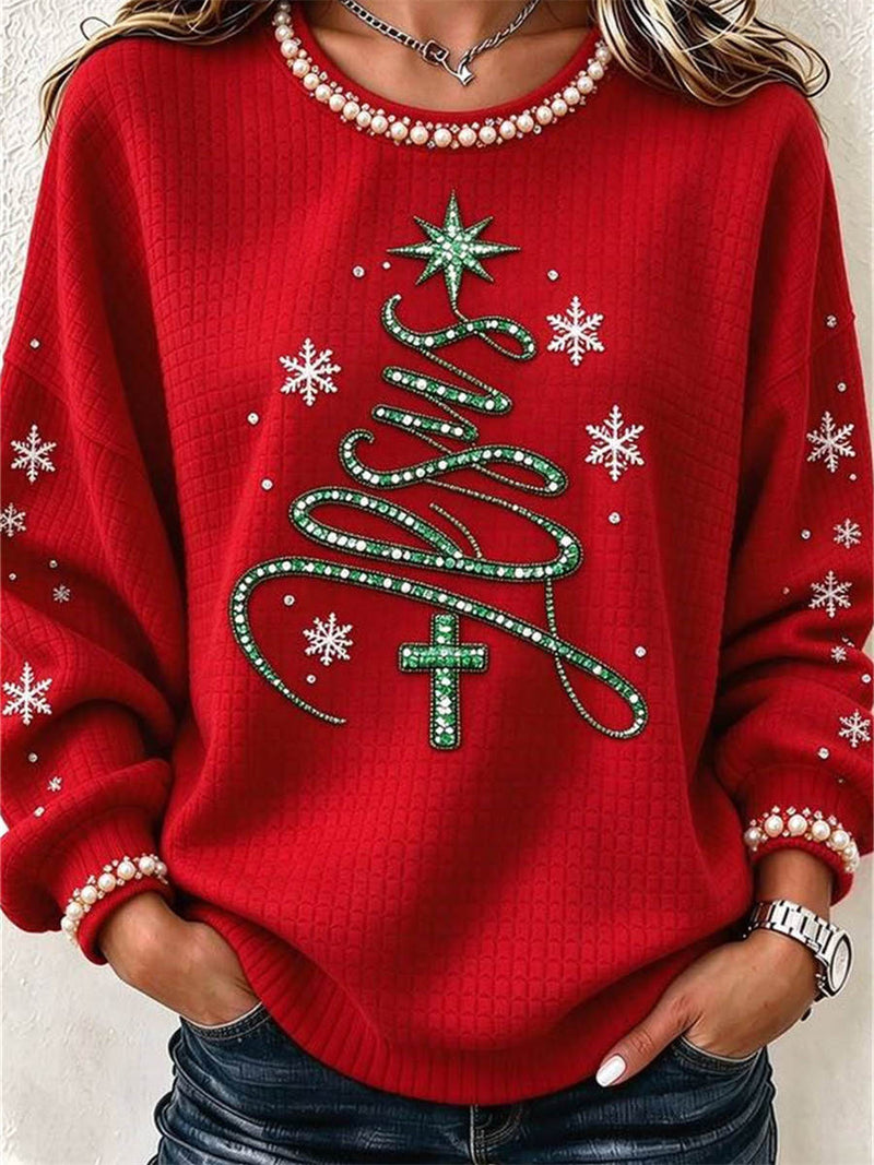 Women's Christmas Red Tree Snowflake Print Round Neck Long Sleeve Sweatshirt
