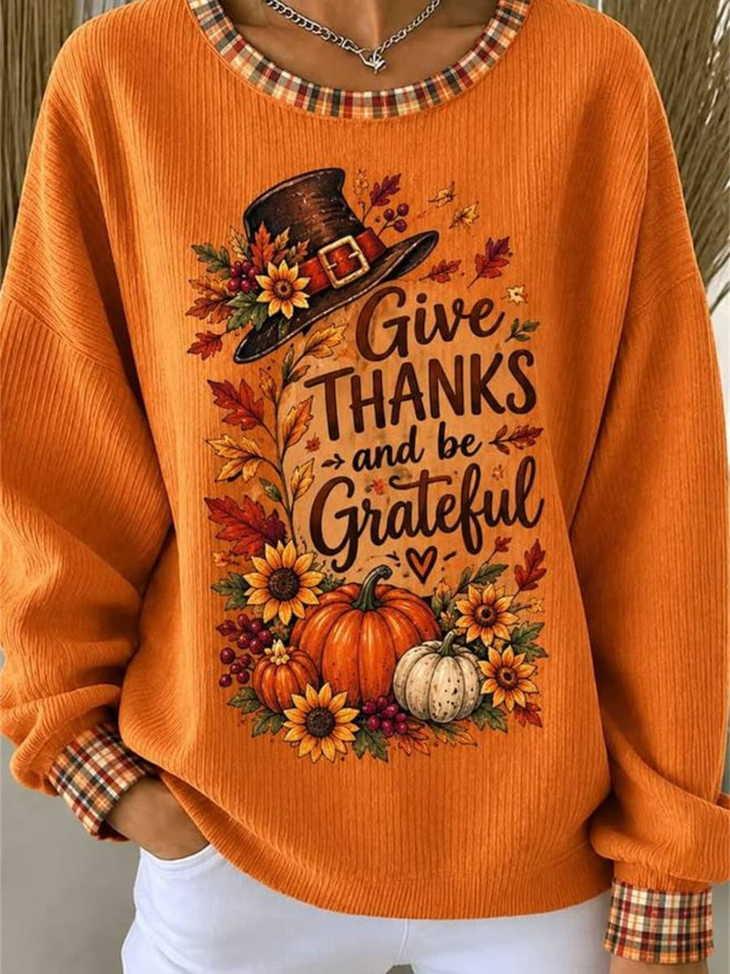 Women's Thanksgiving Orange Pumpkin Print Round Neck Long Sleeve Sweatshirt