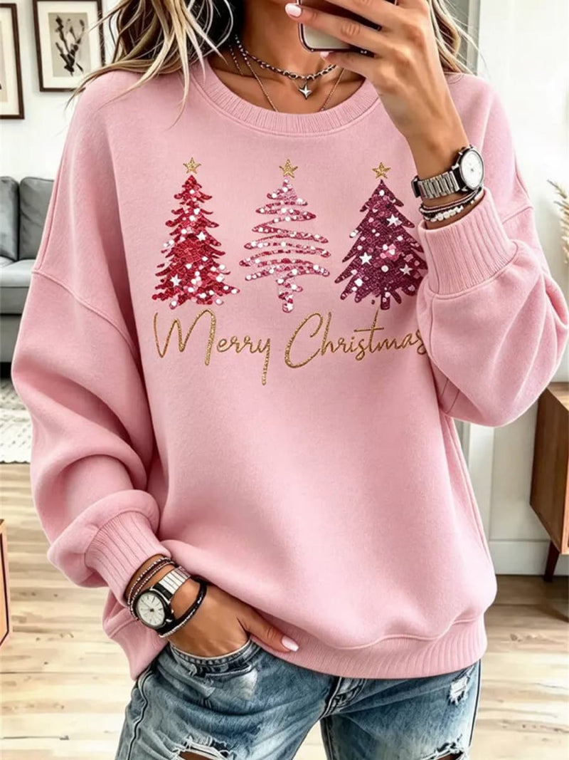 Women's Christmas Pink Tree Print Round Neck Long Sleeve Sweatshirt