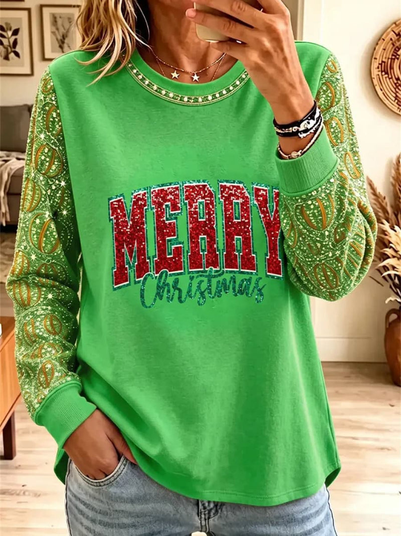 Women's Christmas Green Merry Christmas Print Round Neck Long Sleeve Sweatshirt