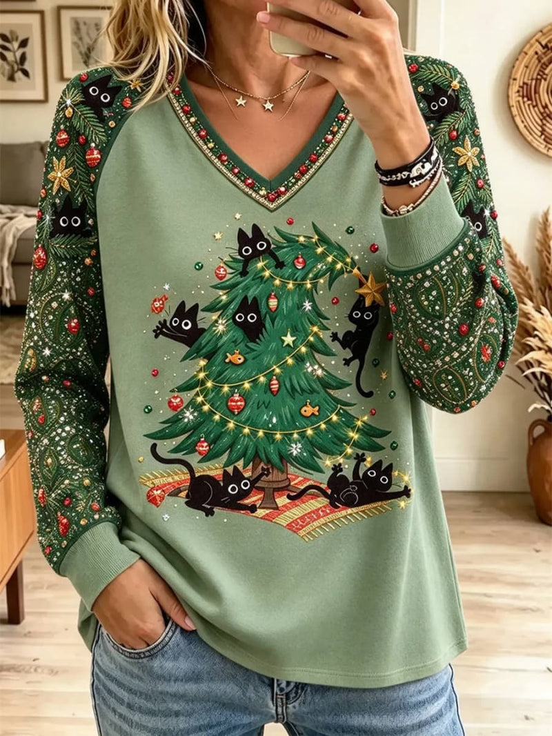 Women's Christmas Green Cat Tree Print V Neck Long Sleeve Sweatshirt