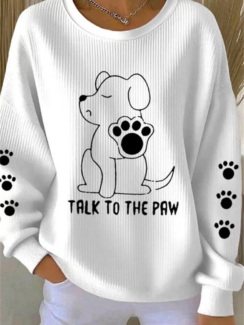 Women's White Dog Paw Print Round Neck Long Sleeve Sweatshirt