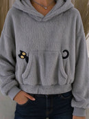 Women's Grey Cat Print Hooded Long Sleeve Hoodie