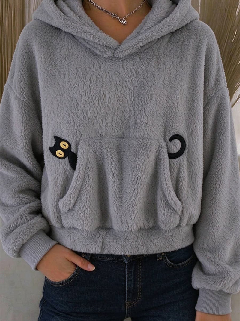 Women's Grey Cat Print Hooded Long Sleeve Hoodie