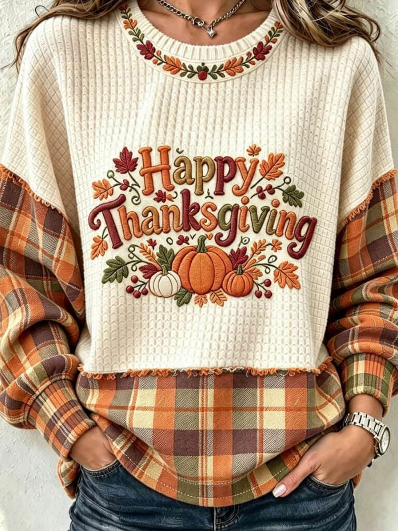 Women's Thanksgiving Beige Plaid Pumpkin Print Round Neck Long Sleeve Sweatshirt