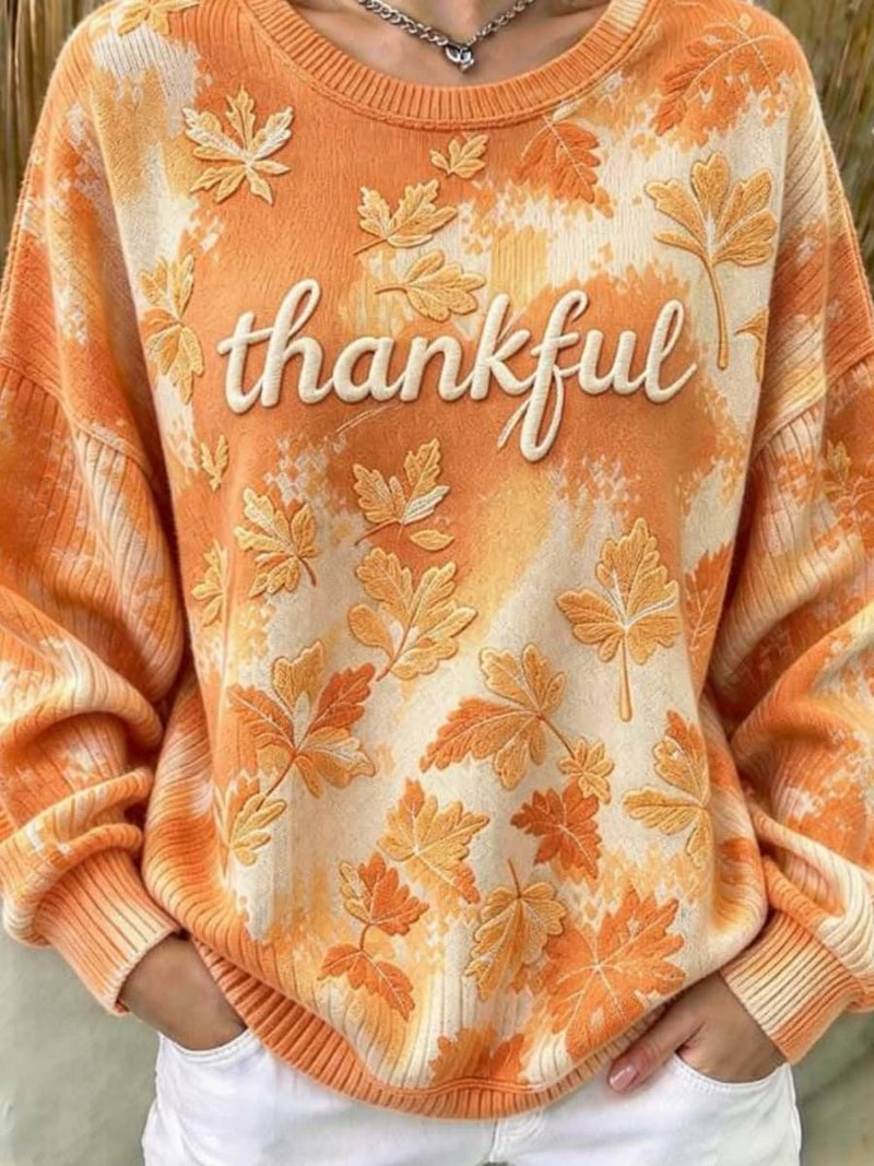 Women's Thanksgiving Orange Leaf Print Round Neck Long Sleeve Sweatshirt