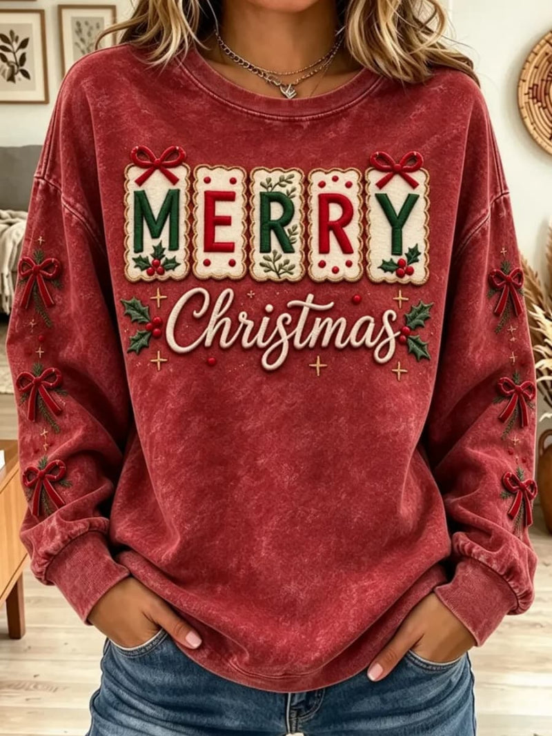 Women's Christmas Red Bow Print Round Neck Long Sleeve Sweatshirt