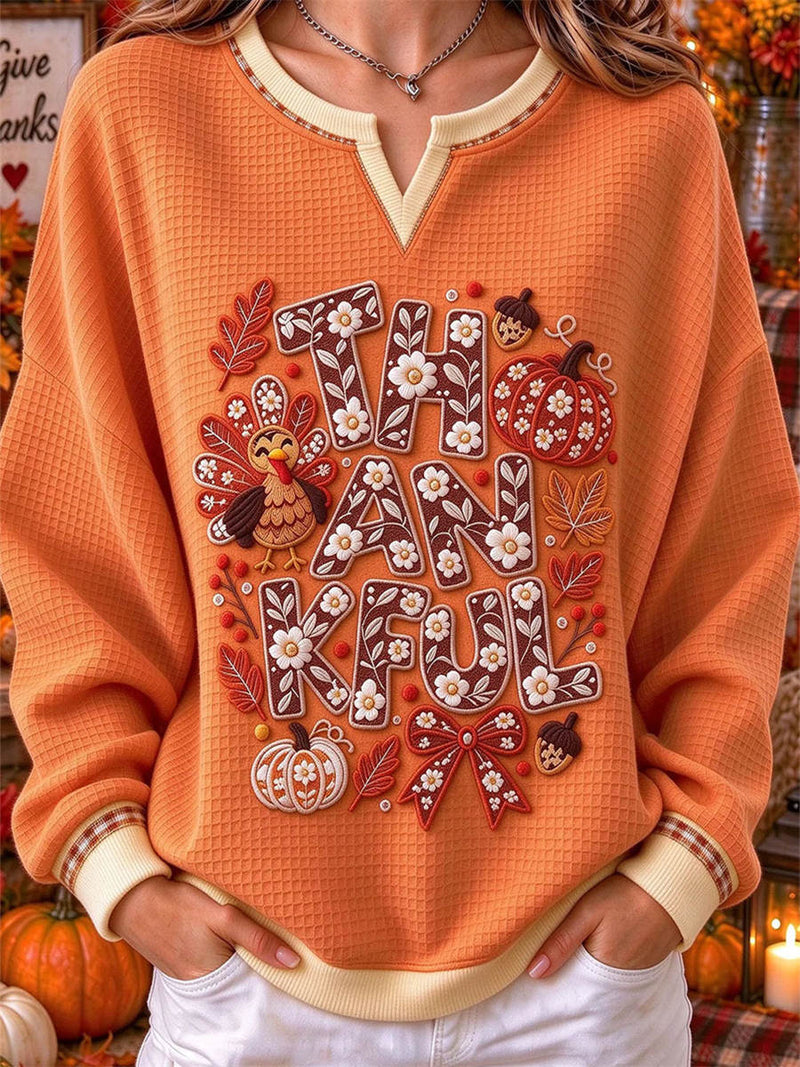 Women's Thanksgiving Orange Turkey Pumpkin Print Notch Neck Long Sleeve Sweatshirt