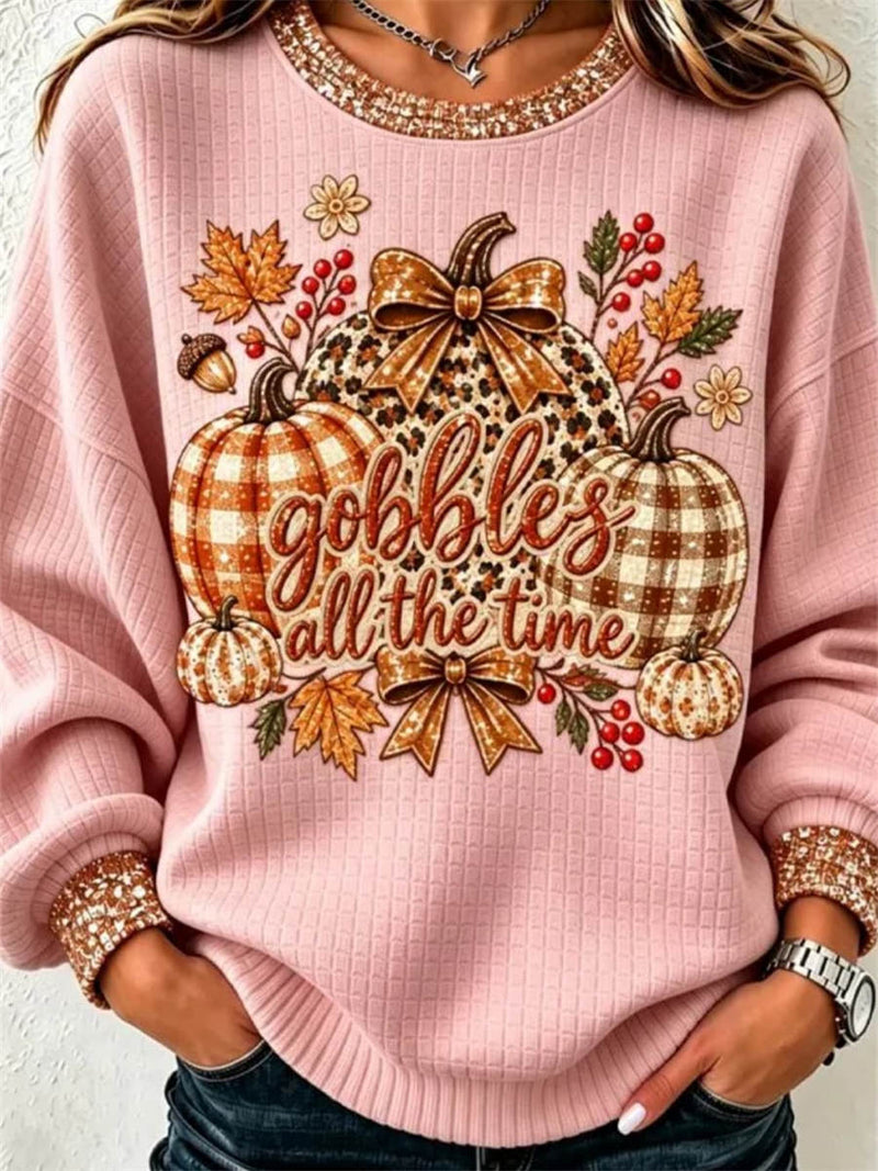 Women's Thanksgiving Pink Pumpkin Print Round Neck Long Sleeve Sweatshirt