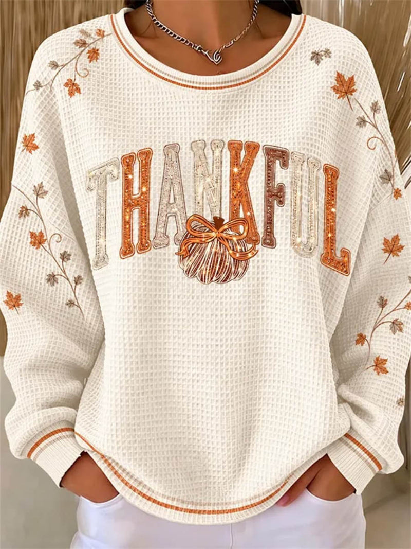Women's Thanksgiving White Thankful Print Round Neck Long Sleeve Sweatshirt