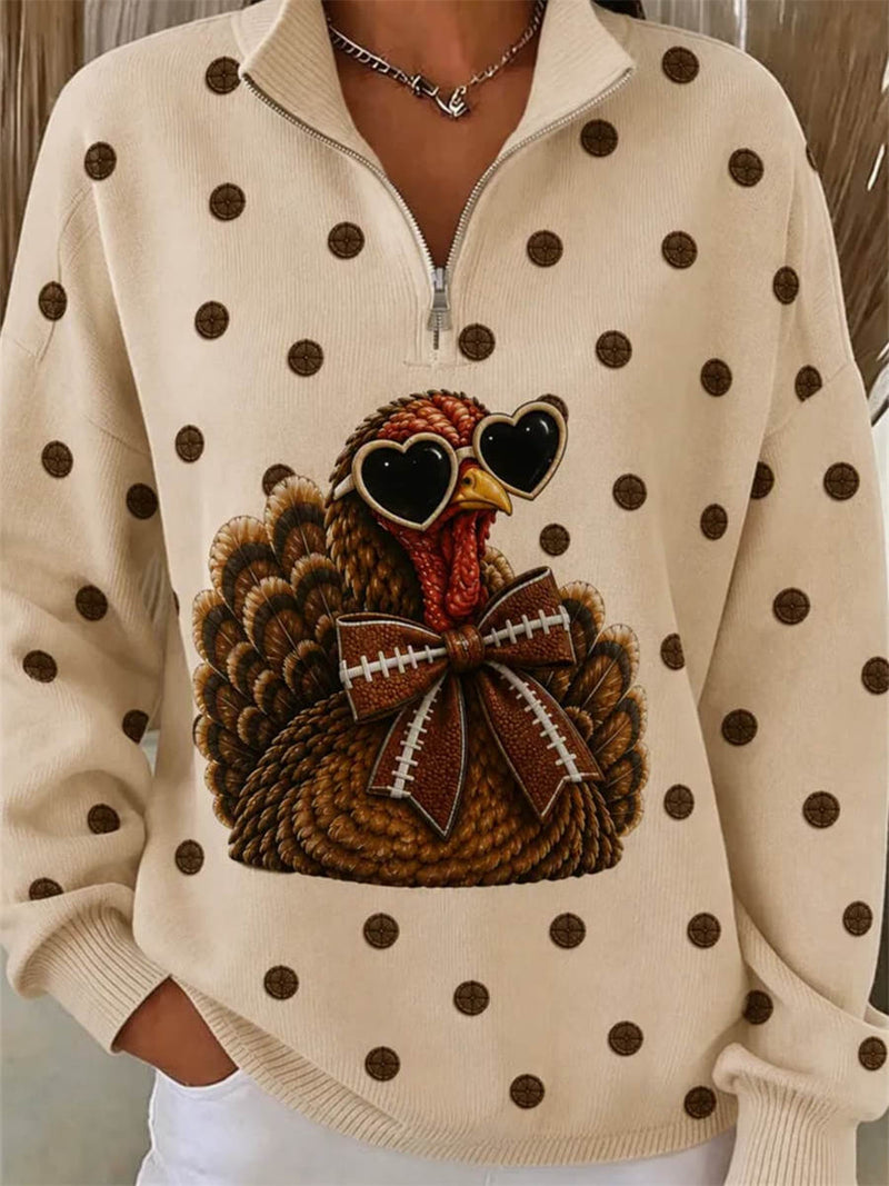 Women's Thanksgiving Beige Turkey Print Half-Zip Collared Long Sleeve Sweatshirt