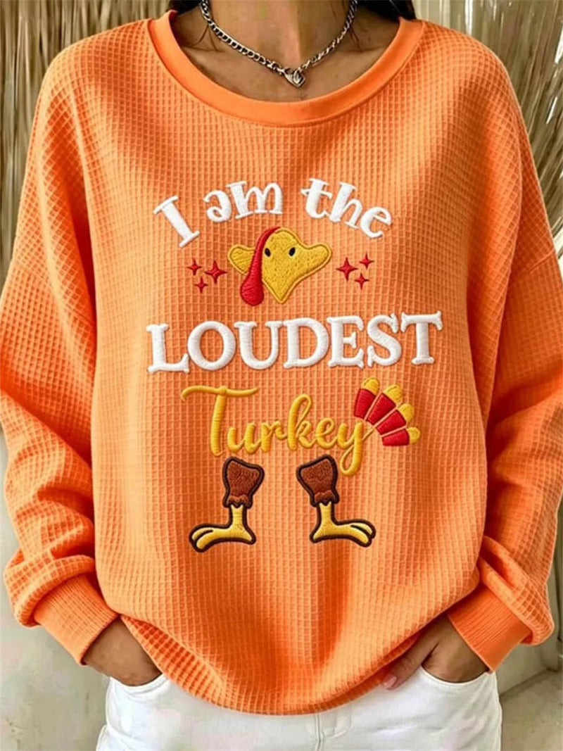 Women's Thanksgiving Orange Turkey Print Round Neck Long Sleeve Sweatshirt