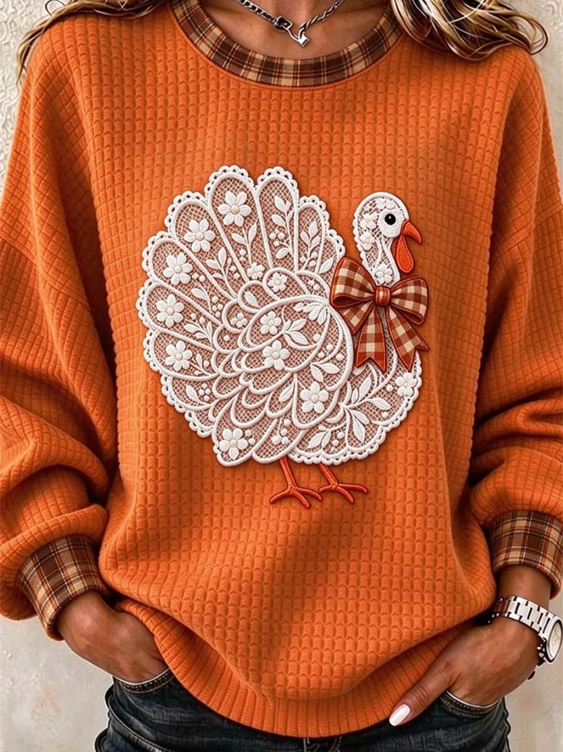 Women's Thanksgiving Orange Turkey Print Round Neck Long Sleeve Sweatshirt