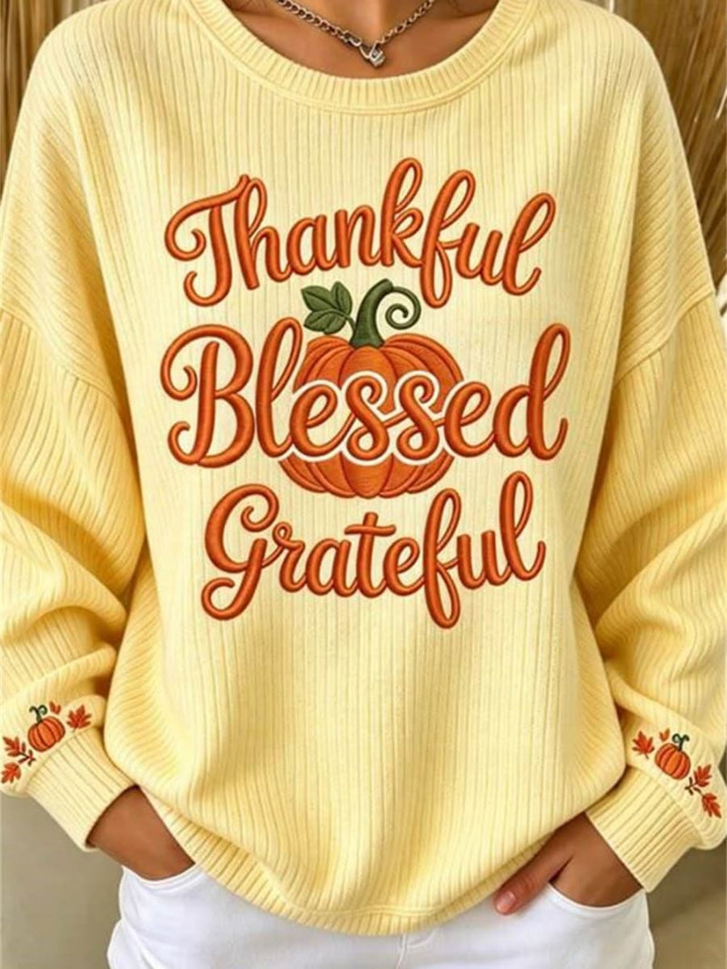 Women's Thanksgiving Yellow Thankful Pumpkin Print Round Neck Long Sleeve Sweatshirt