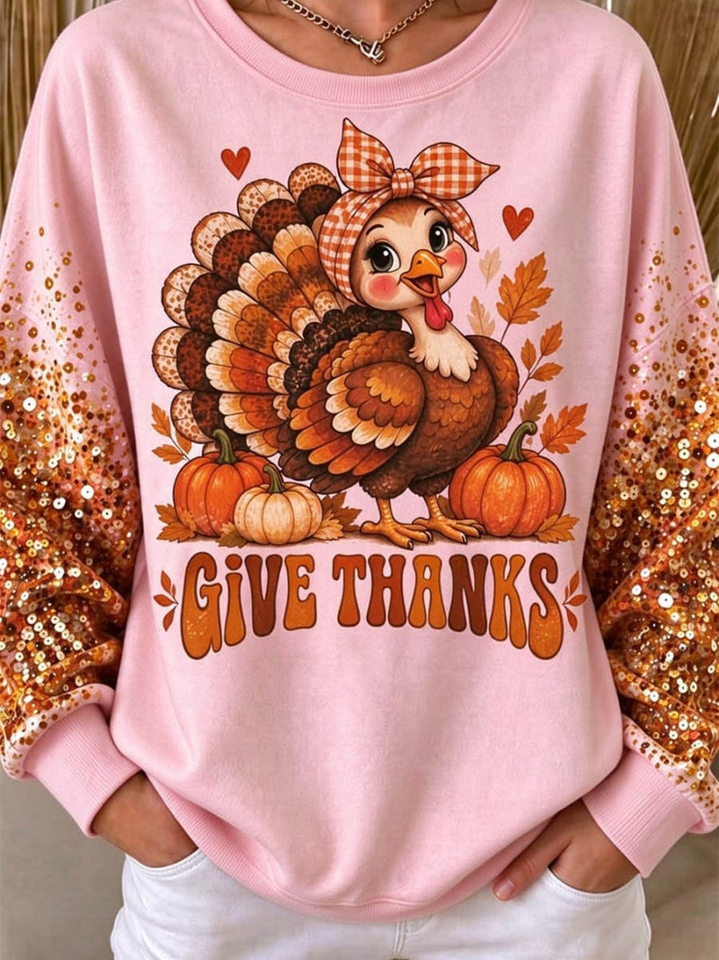 Women's Thanksgiving Pink Turkey Pumpkin Print Round Neck Long Sleeve Sweatshirt