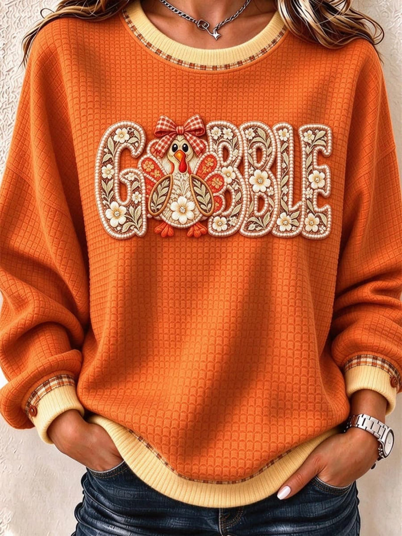 Women's Thanksgiving Orange Turkey Print Round Neck Long Sleeve Sweatshirt