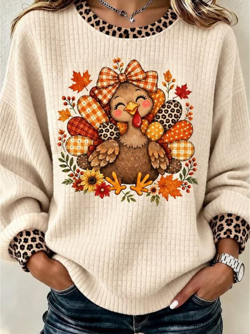 Women's Thanksgiving Beige Turkey Print Round Neck Long Sleeve Sweatshirt