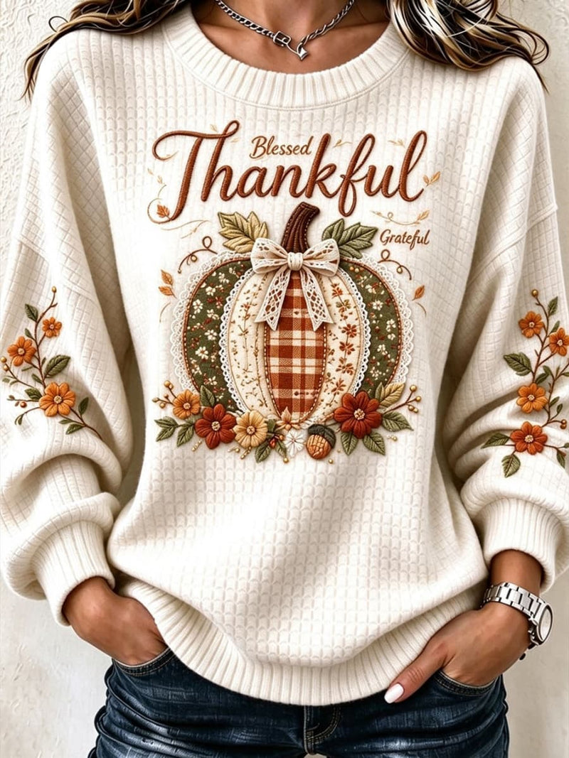 Women's Thanksgiving Beige Thankful Pumpkin Print Round Neck Long Sleeve Sweatshirt