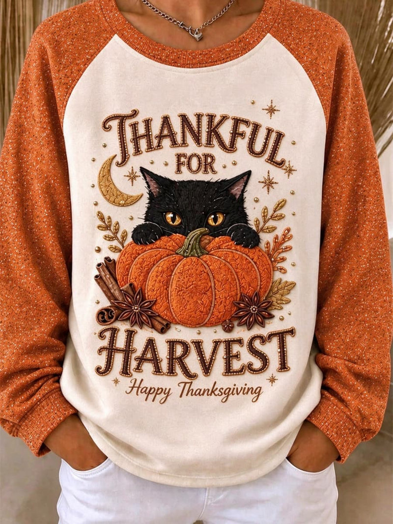 Women's Thanksgiving Beige Cat Pumpkin Print Round Neck Long Sleeve Sweatshirt
