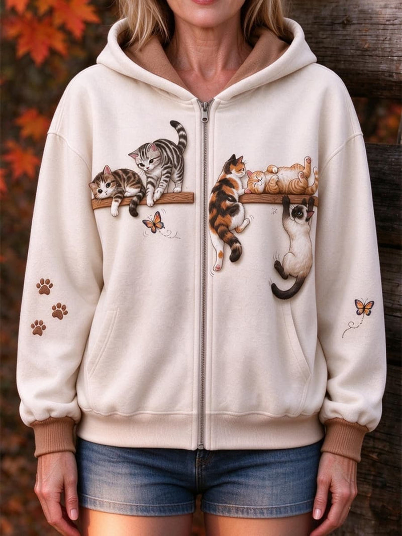 Women's Beige Cat Print Zip Up Hooded Long Sleeve Hoodie