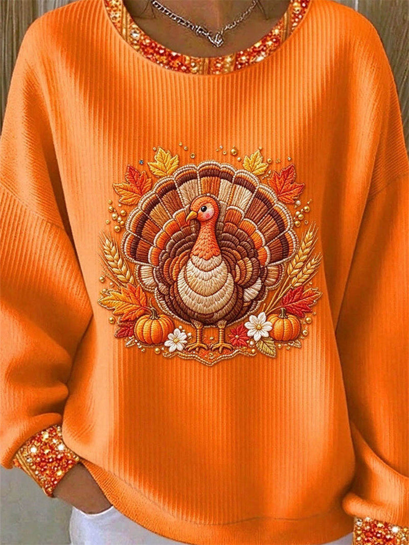 Women's Thanksgiving Orange Turkey Print Round Neck Long Sleeve Sweatshirt
