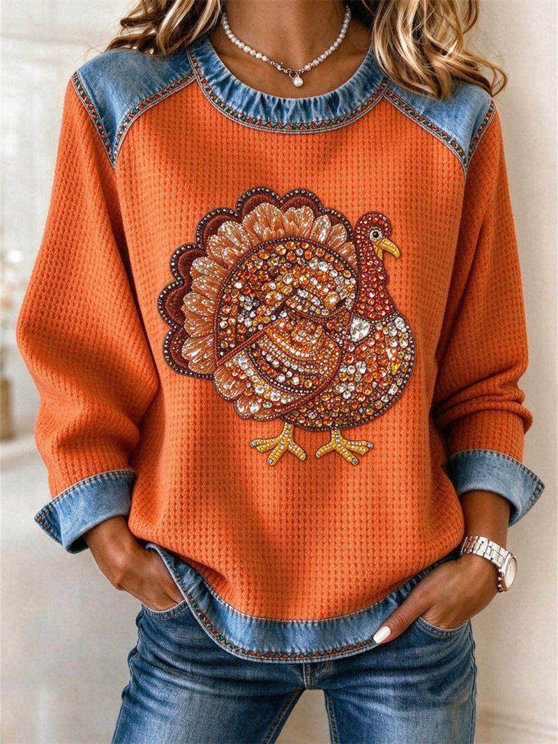 Women's Thanksgiving Orange Turkey Print Round Neck Long Sleeve Sweatshirt