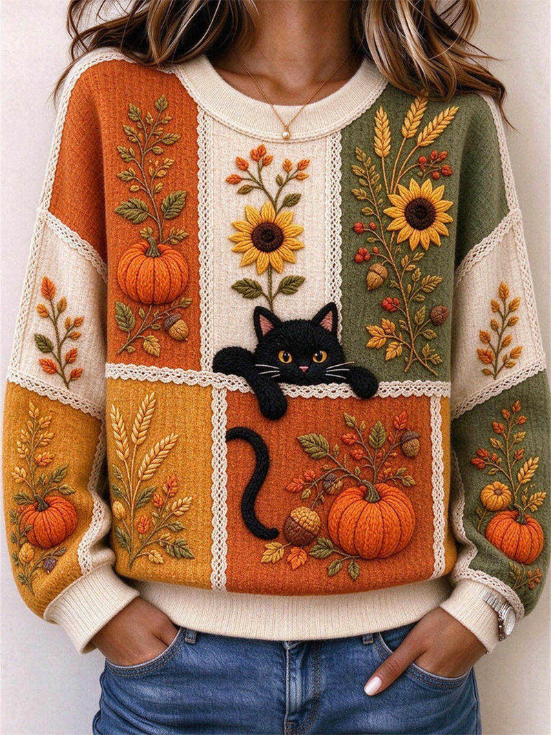 Women's Thanksgiving Multi Pumpkin Sunflower Print Round Neck Long Sleeve Sweatshirt