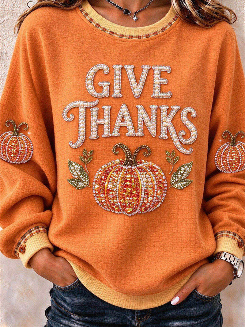 Women's Thanksgiving Orange Pumpkin Print Round Neck Long Sleeve Sweatshirt