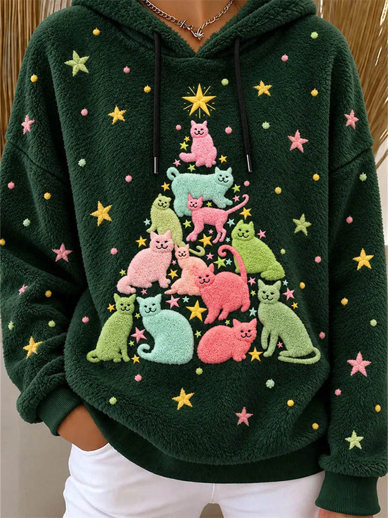 Women's Christmas Green Cat Tree Hooded Long Sleeve Hoodie