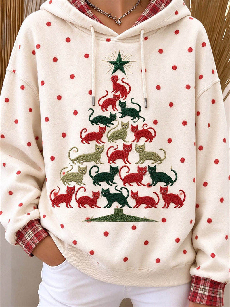 Women's Christmas White Polka Dot Cat Tree Hooded Long Sleeve Hoodie