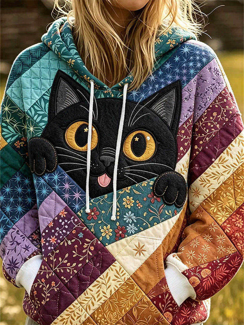 Women's Multi Color Block Cat Hooded Long Sleeve Hoodie