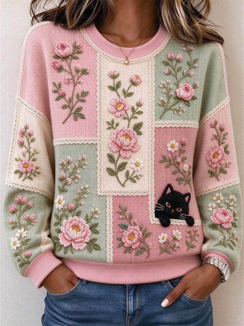 Women's Multi Floral Cat Round Neck Long Sleeve Sweatshirt