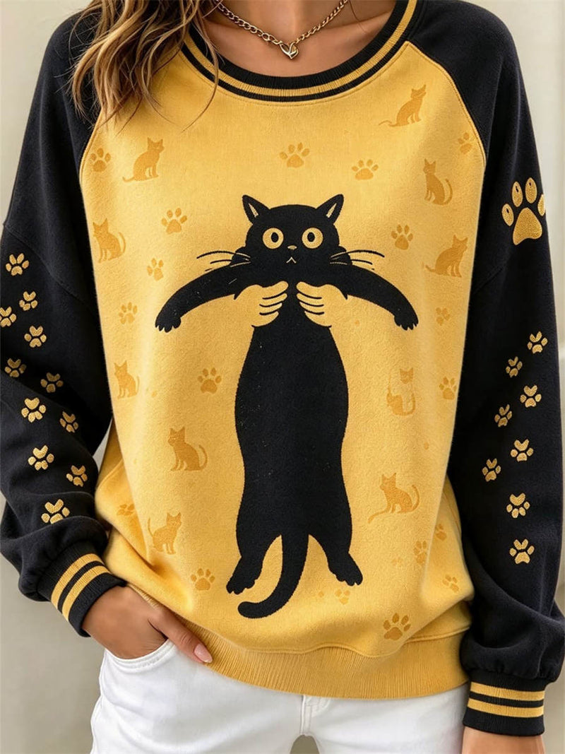 Women's Yellow Cat Round Neck Long Sleeve Sweatshirt