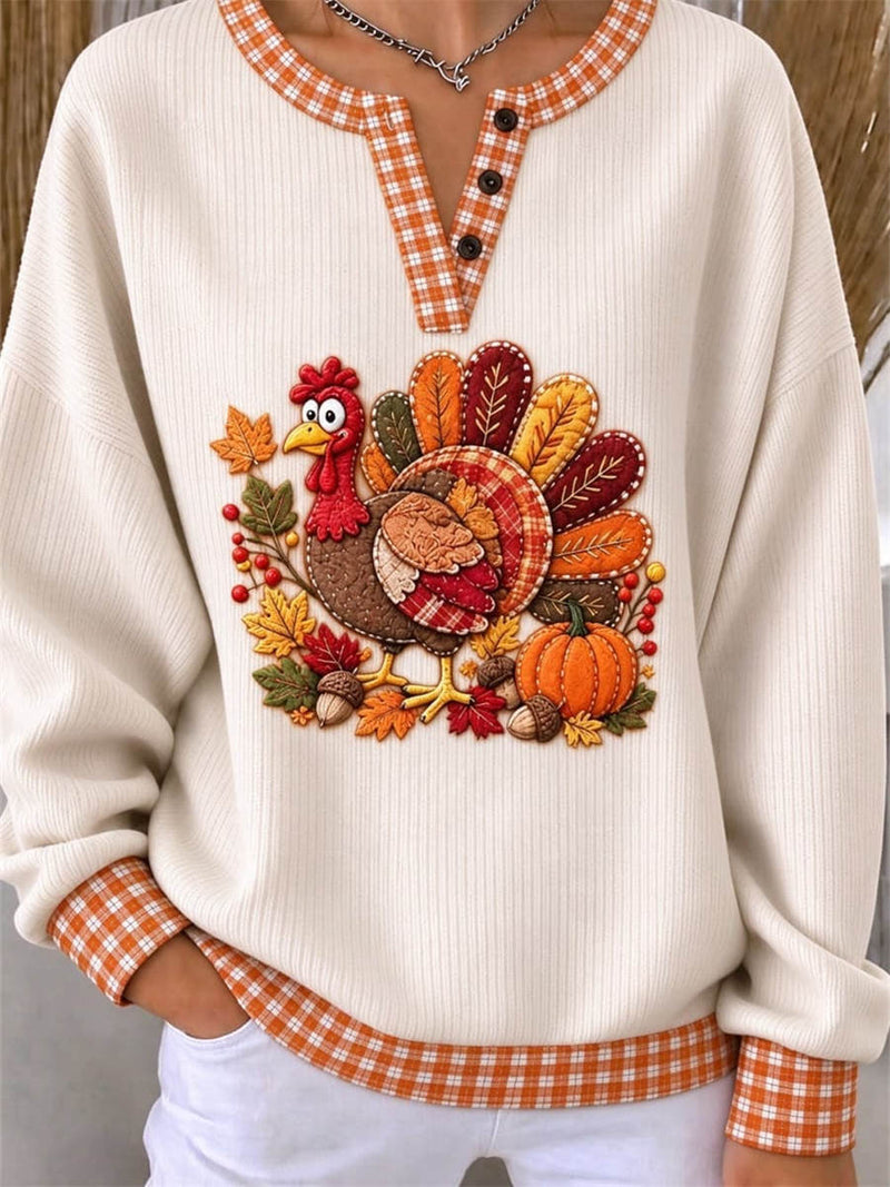 Women's Thanksgiving Beige Turkey Pumpkin Print Notch Neck Long Sleeve Sweatshirt