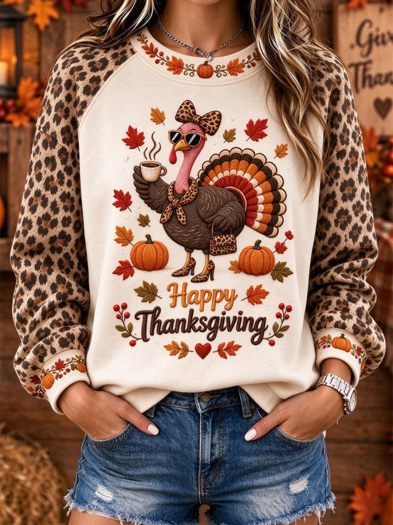 Women's Thanksgiving Beige Turkey Leopard Print Round Neck Long Sleeve Sweatshirt